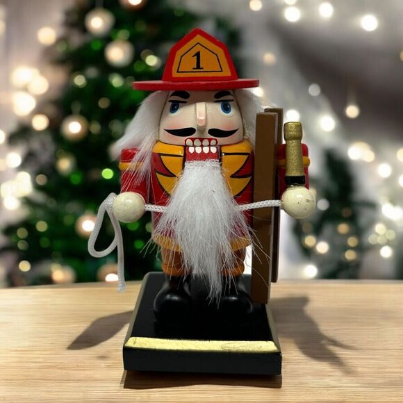 Number 1 Firefighter Nutcracker Figurine 5" Tall Hand Painted Wooden Home Decor - Picture 1 of 10